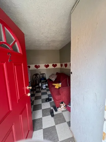 a living room with furniture a rug and a window