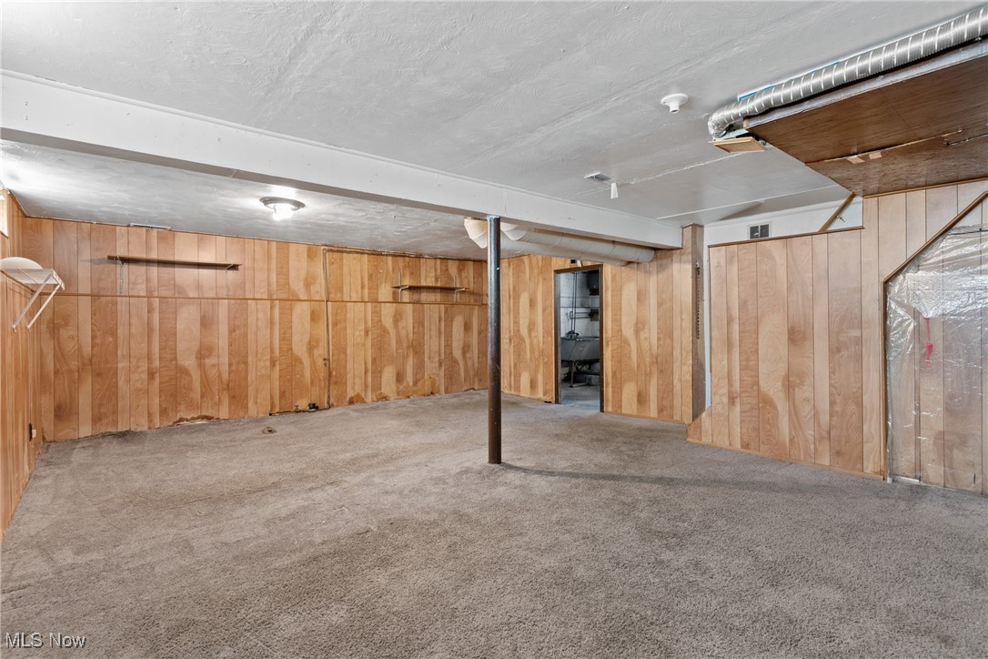 4503 Fulton Road Old Brooklyn, OH 44144 - Photo 16 of 24 Finished basement with wooden walls, carpet, and a textured ceiling