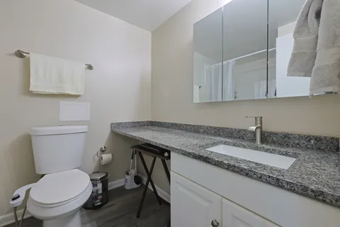 a bathroom with a granite countertop toilet sink and mirror