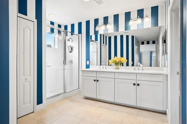 a bathroom with a sink vanity and a mirror
