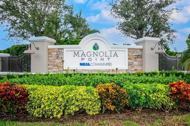 a view of a sign in a garden