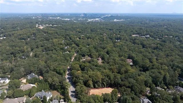 a view of a city with lush green forest