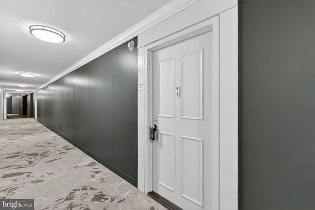 a view of a hallway with wooden floor and furniture