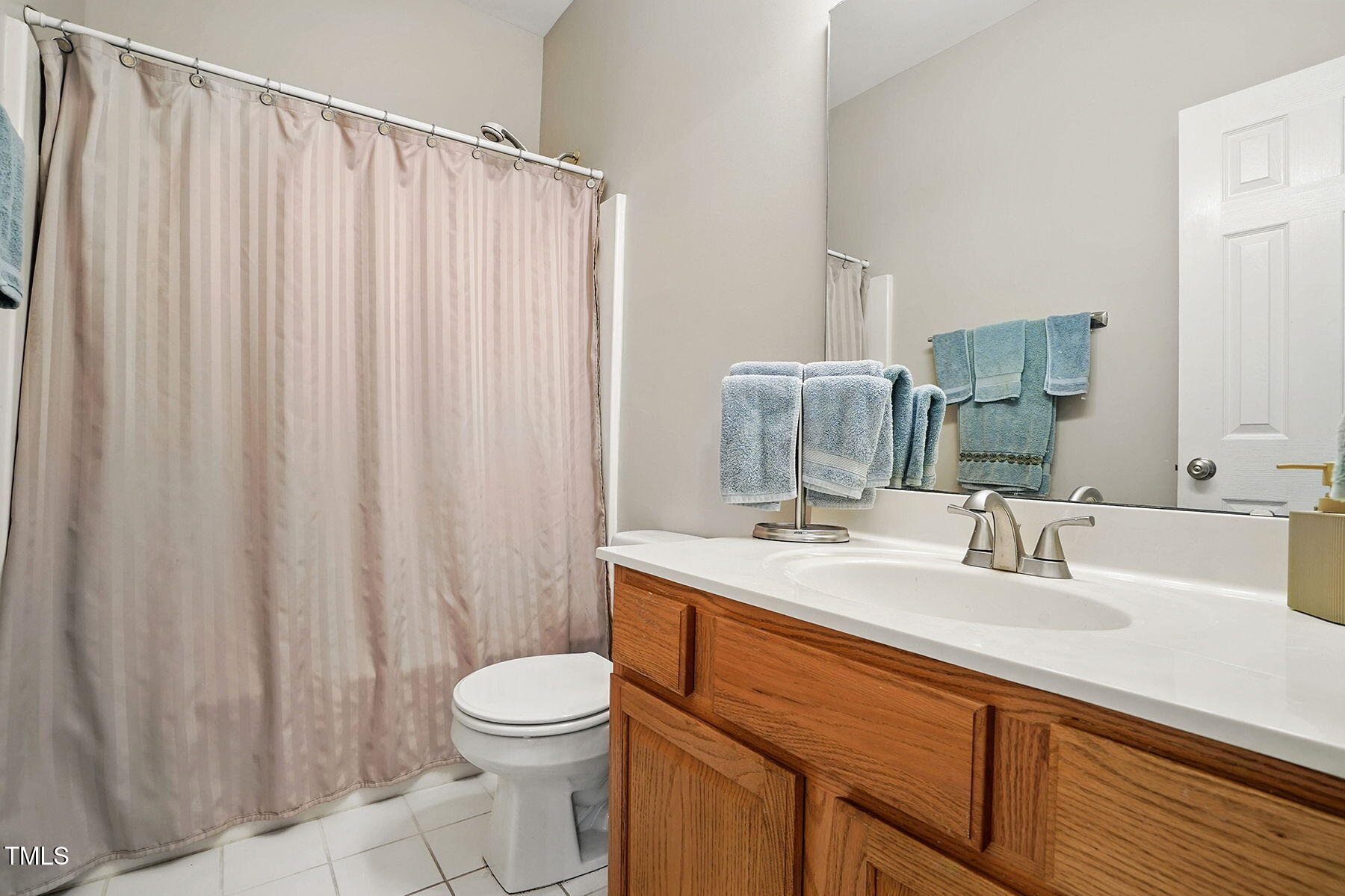 2425 Lemuel Drive Raleigh, NC 27615 - Photo 23 of 36 a bathroom with a sink a toilet and shower curtain