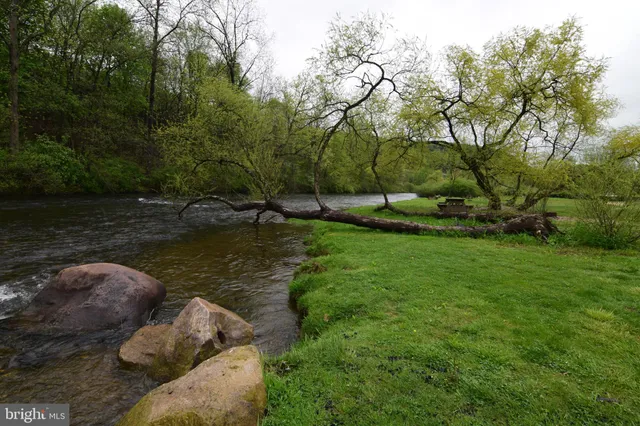 a view of a lake with green space
