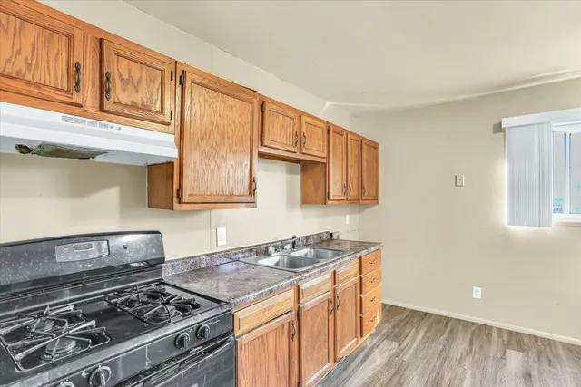 a kitchen with stainless steel appliances granite countertop a stove and a sink