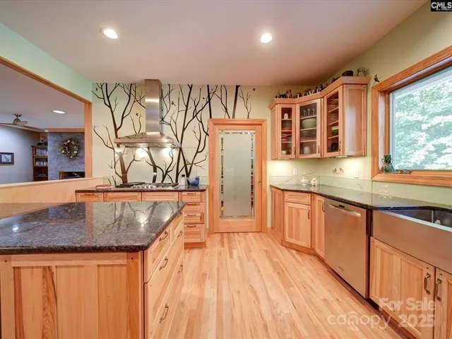 a kitchen with stainless steel appliances granite countertop a sink and wooden cabinets