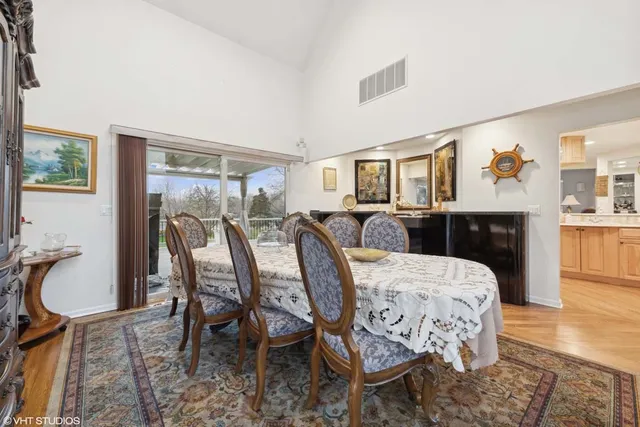 a view of a dining room with furniture