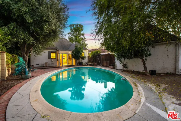 an outdoor view with a swimming pool