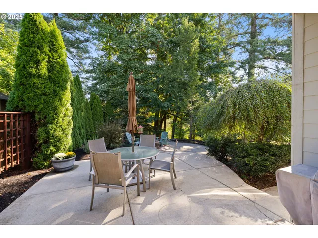 a view of a patio with table and chairs and potted plants