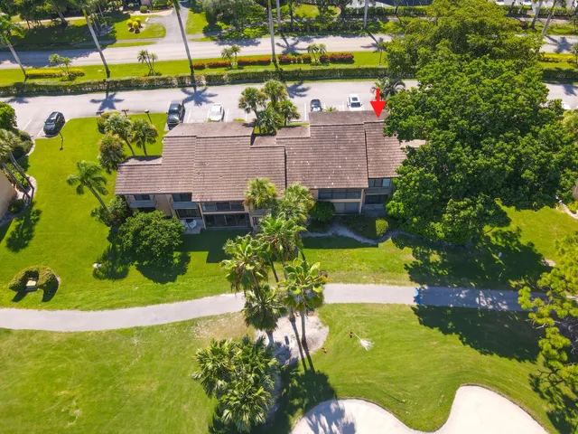 a view of a swimming pool with a yard and plants