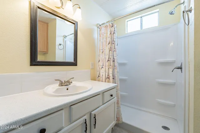 a bathroom with a sink and a mirror