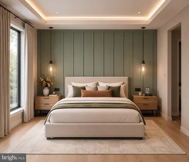 a bedroom with a large bed and a night stand