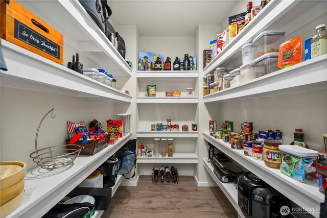 a view of a garage with storage