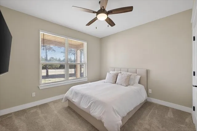 a bedroom with a large bed and a chandelier