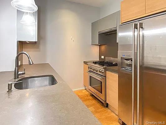 2280 Frederick Douglass Boulevard Manhattan, NY 10027 - Photo 10 of 16 Kitchen with high quality appliances, light wood-style floors, modern cabinets, and decorative light fixtures