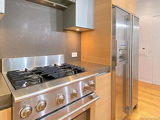 2280 Frederick Douglass Boulevard Manhattan, NY 10027 - Photo 13 of 16 Kitchen with high quality appliances, light wood-style floors, modern cabinets, and extractor fan