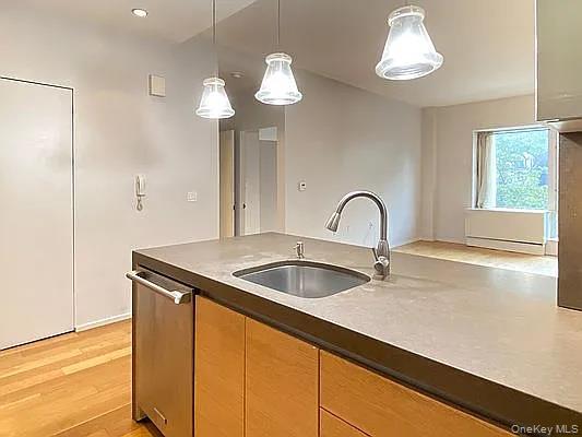 2280 Frederick Douglass Boulevard Manhattan, NY 10027 - Photo 14 of 16 Kitchen with decorative light fixtures, light wood-style floors, stainless steel dishwasher, light brown cabinets, and dark stone countertops