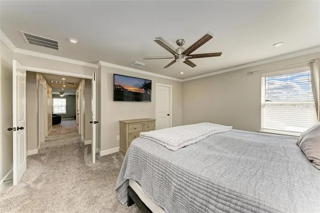 a bedroom with a large bed and a window