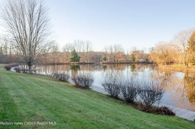 a lake view with a big yard and palm trees