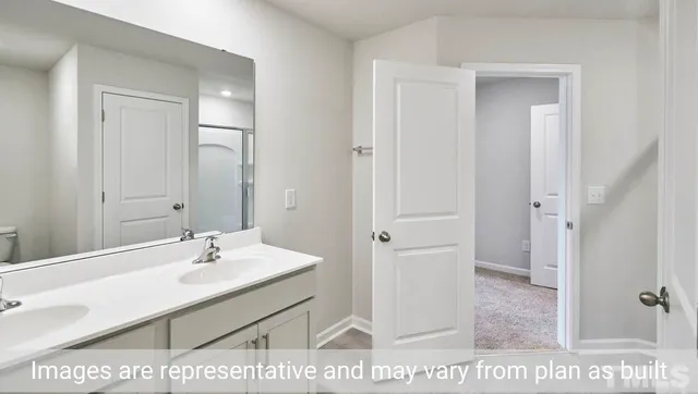 a bathroom with a sink a mirror and a shower