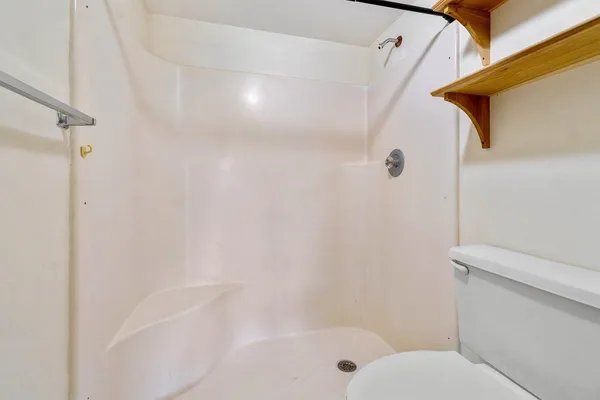 a bathroom with a shower and a toilet