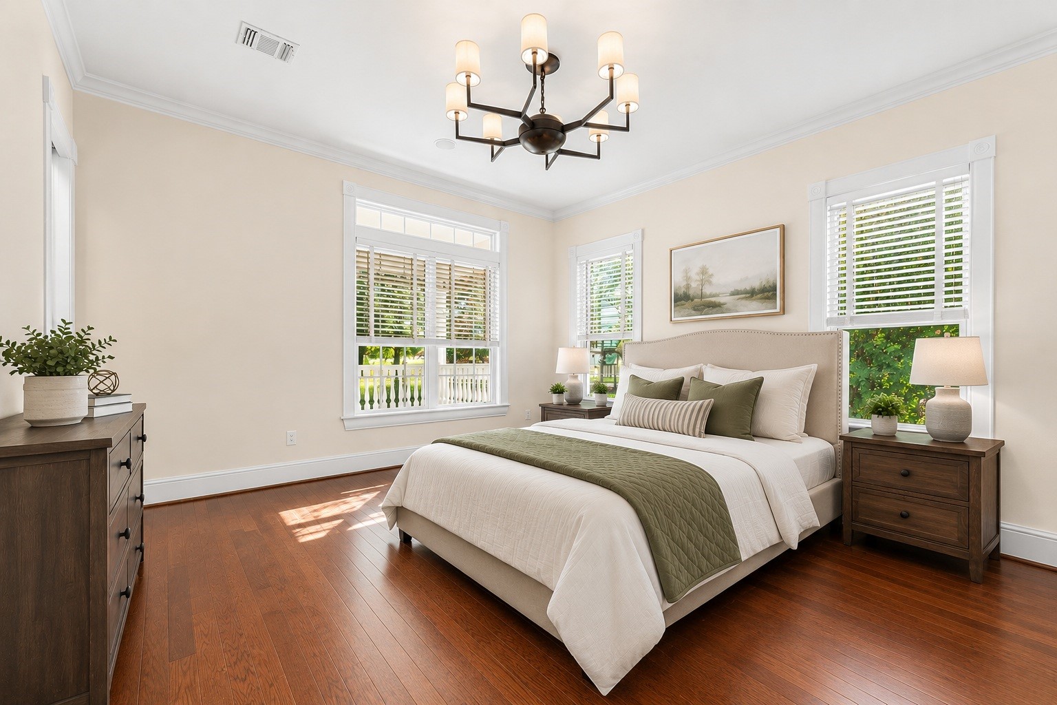 6039 Franz Road Katy, TX 77493 - Photo 32 of 49 A rare first-floor bedroom offers flexible living for guests or multigenerational needs, framed by oversized windows and a striking modern chandelier. Virtually staged.