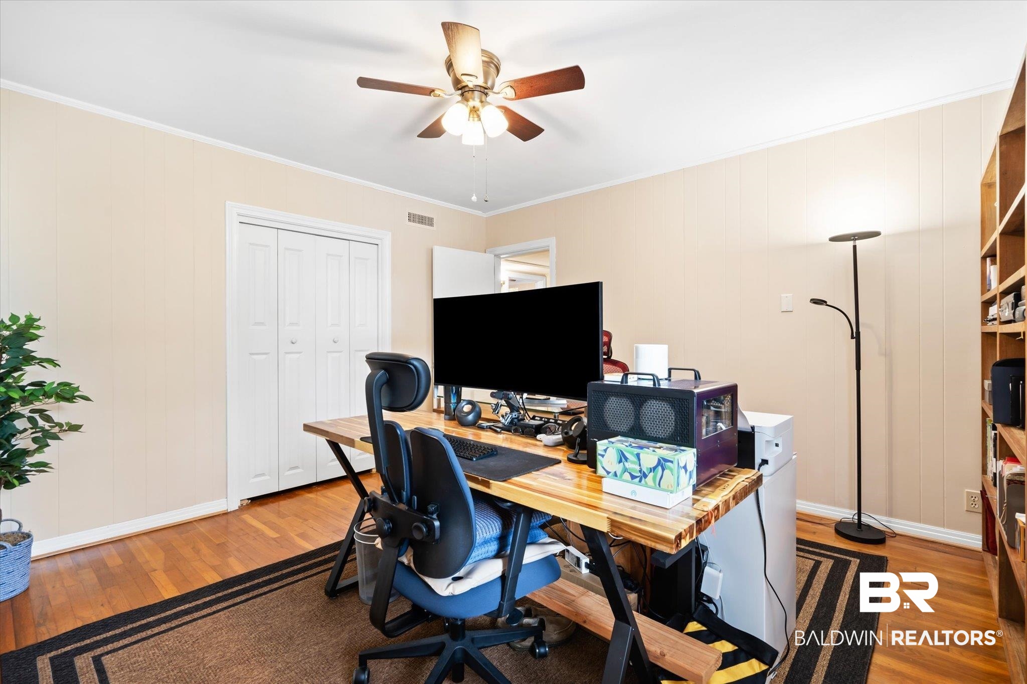 162 Bit And Spur Terrace Mobile, AL 36608 - Photo 19 of 29 Office space featuring ornamental molding, hardwood / wood-style flooring, and ceiling fan