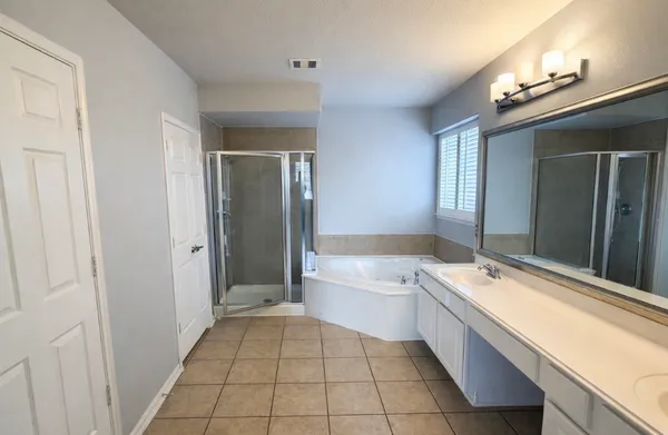 a bathroom with a tub a sink and a large mirror