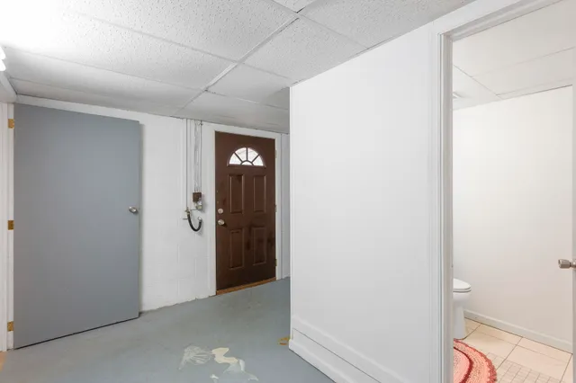 an aerial view of a pool