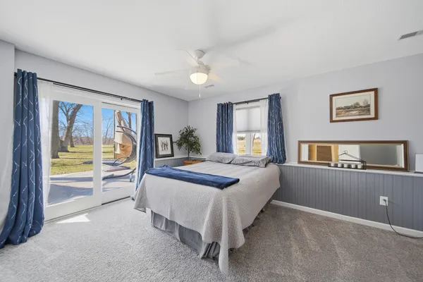 a bed room with a bed and a large window