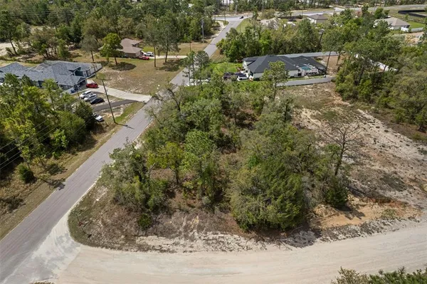 an aerial view of residential house with outdoor space and trees all around