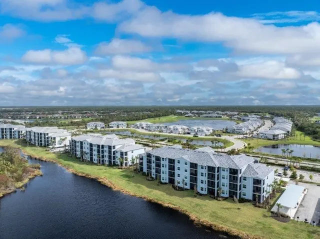 a view of a city with lawn chairs