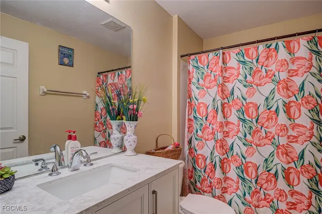 a bathroom with a sink mirror vanity and toilet