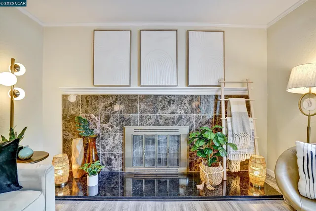 a living room with furniture and a fireplace