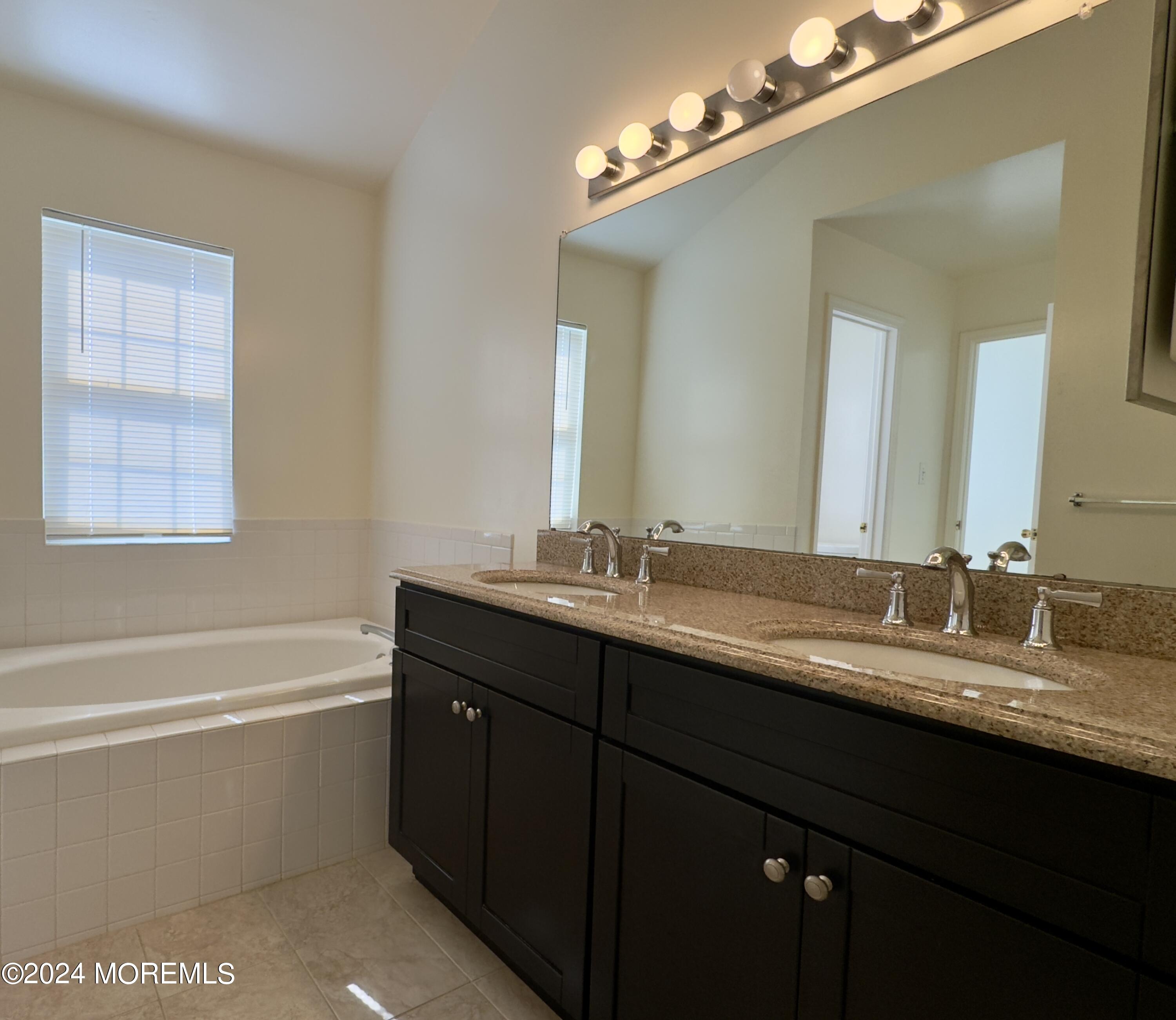 28 Alpine Road, Unit 177 Holmdel, NJ 07733 - Photo 11 of 17 a bathroom with a granite countertop sink a large mirror a bathtub and shower