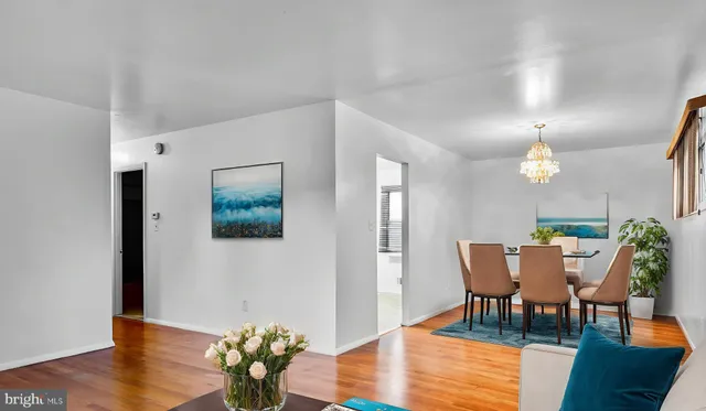 a dining room with furniture potted plants and wooden floor