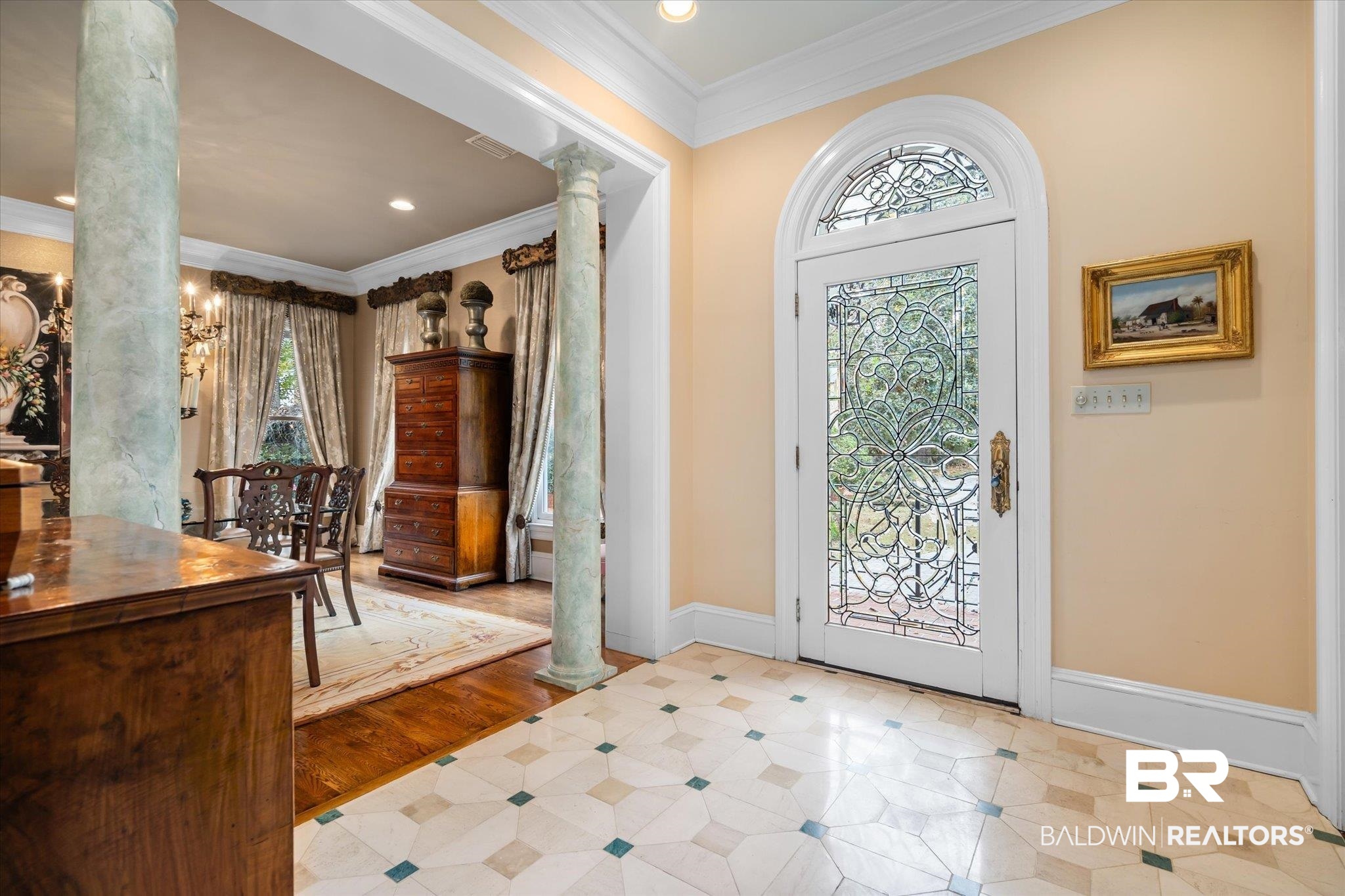 354 Dogwood Lane Mobile, AL 36608 - Photo 2 of 44 Entrance foyer featuring decorative columns, light hardwood / wood-style flooring, and crown molding
