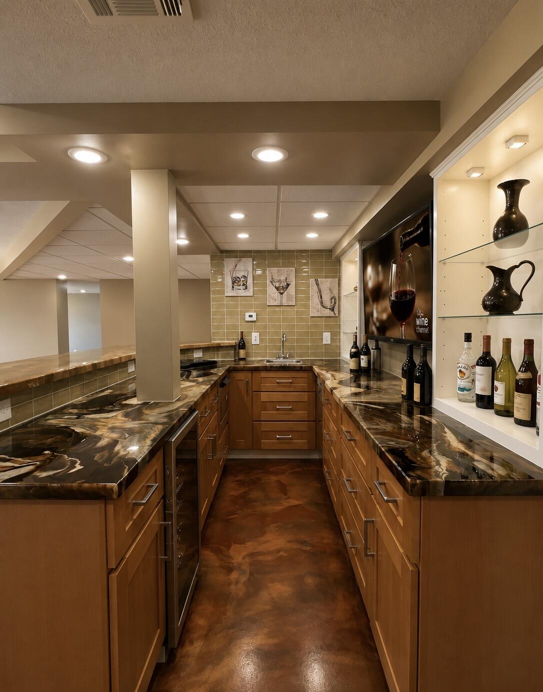 2612 Amsterdam Road Villa Hills, KY 41017 - Photo 35 of 52 FULL WET BAR FEATURING WINE COOLER, DISHWASHER, MICROWAVE, COOKTOP, SINK, RECESSED LIGHTING, CUSTOM OPOXY BAR TOP AND FLOORING.