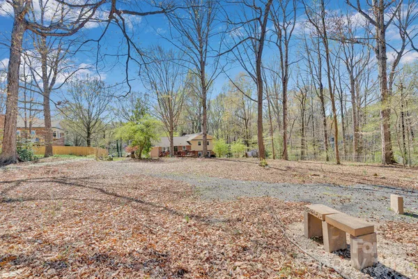 a view of a backyard with large trees