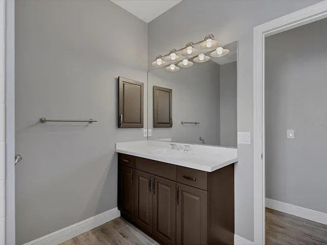 a bathroom with a sink and a mirror