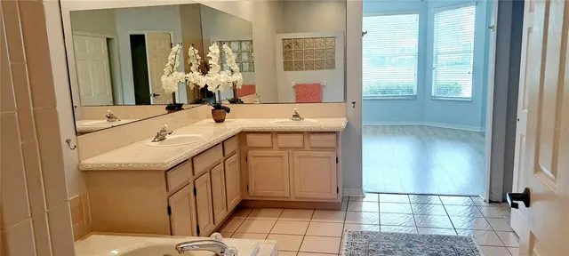 a bathroom with a double vanity sink and mirror