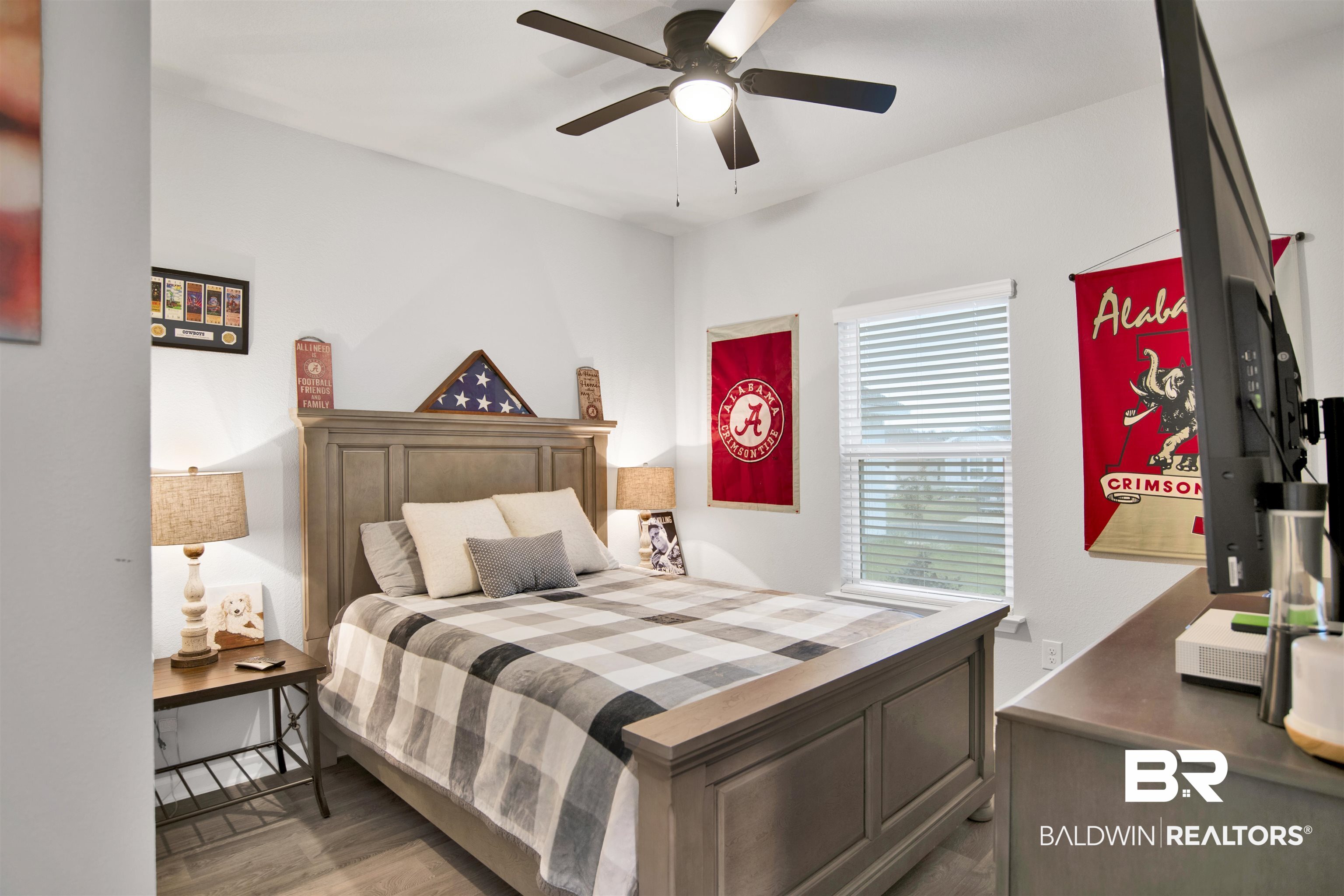 12813 Patriot Way Daphne, AL 36527 - Photo 12 of 23 Bedroom featuring wood-finish flooring, a ceiling fan, and a window with blinds