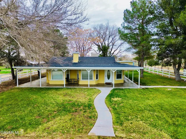 a view of a house with a big yard potted plants and large tree