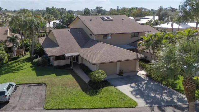 an aerial view of a house with garden
