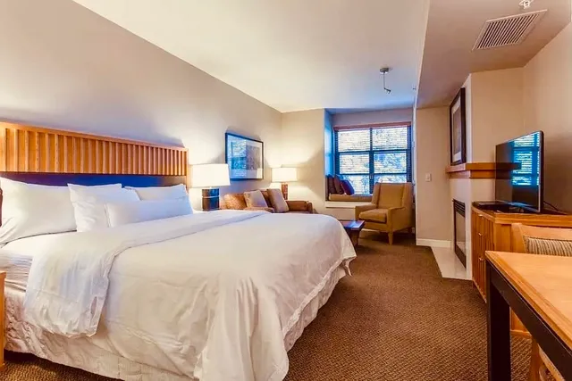 a bed room with a bed and a television