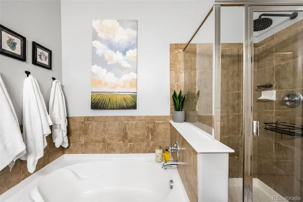 a bathroom with a tub and shower