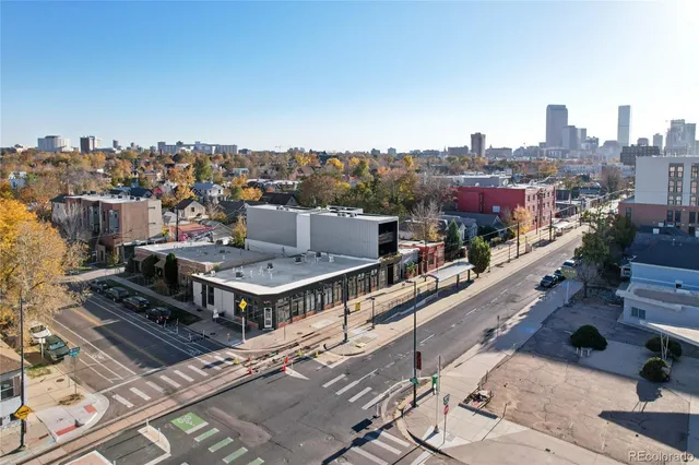 a city view with tall buildings