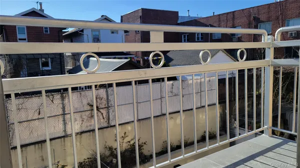a view of a large building with a window