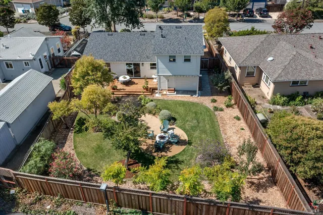 an aerial view of a house having garden